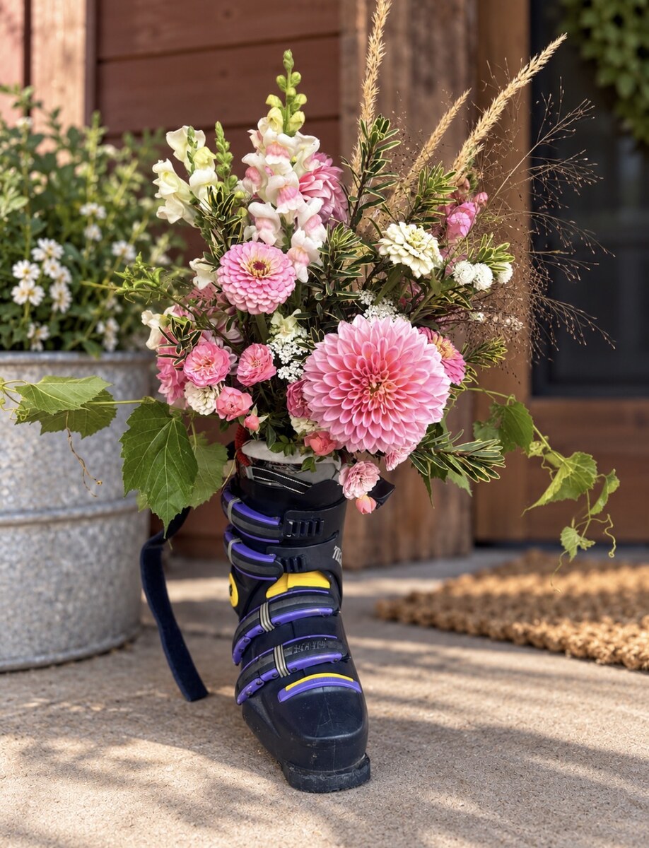Pink and white farm-grown wedding flowers arranged in a purple and black ski boot